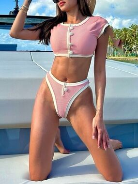 SAME LOS ANGELES Pink Contrast-Trim Ribbed Crop Bikini Set